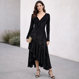 NEW Elana Kattan Chic Black Long Sleeve Velvet Floral Ruffle Tier Midi Dress Med